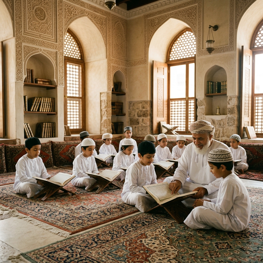 Suasana belajar Al-Qur'an di Kuttab - anak-anak belajar Al-Qur'an bersama guru dalam suasana yang damai dan khusyuk